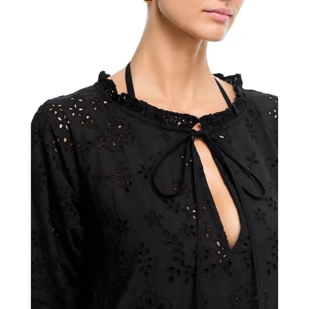 AQUA Women Black Eyelet Embroidered Cotton Swim Cover-Up Mini Dress Size L - Picture 4 of 7